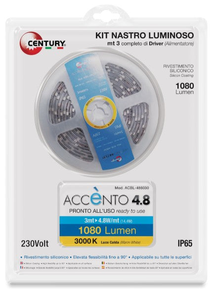 Accento 4,8W/m striscia 60Led 3m 3000 K IP65 - KIT