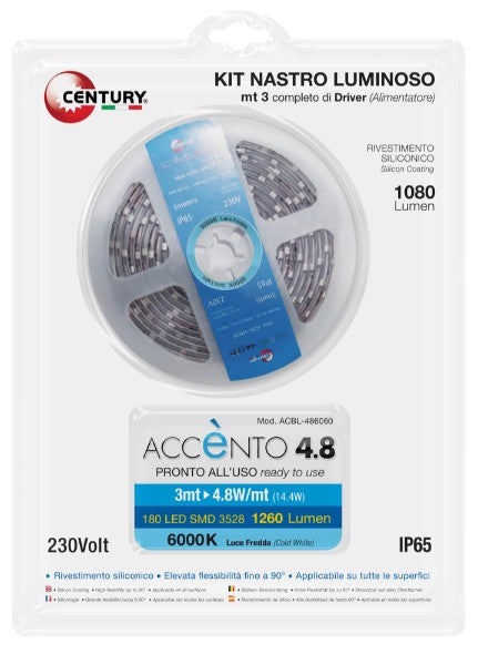 Accento 4,8W/m striscia 60Led 3m 6000 K IP65 - KIT